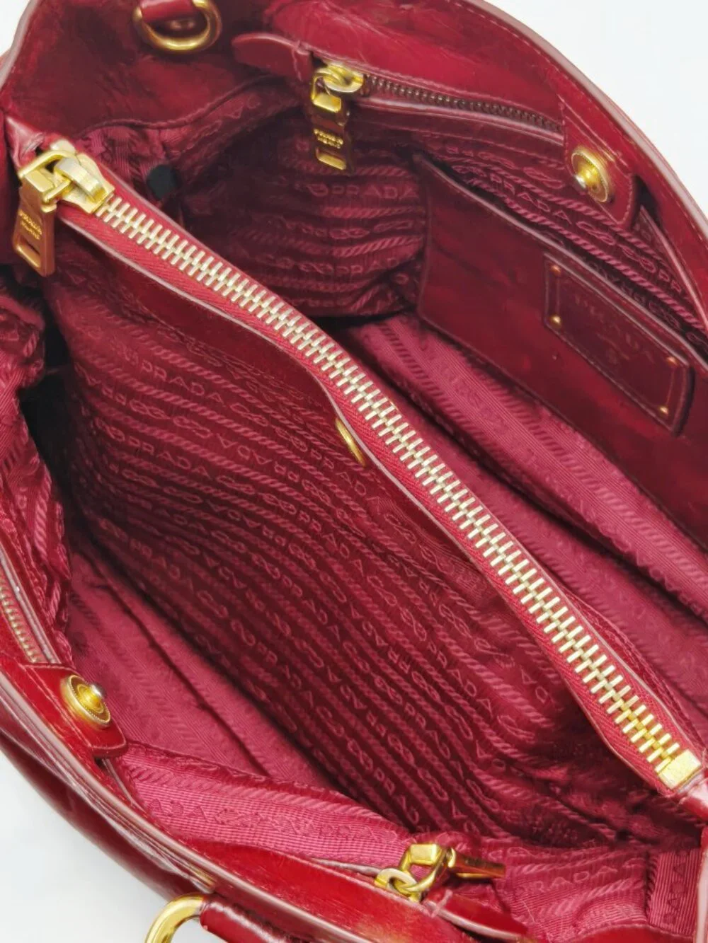 Prada Red Vitello Shine Leather Large Satchel Tote Handbag
